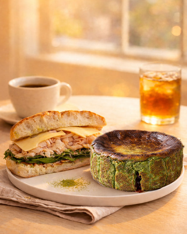 Matcha Strawberry Basque + Honey Baked Chicken Sandwich